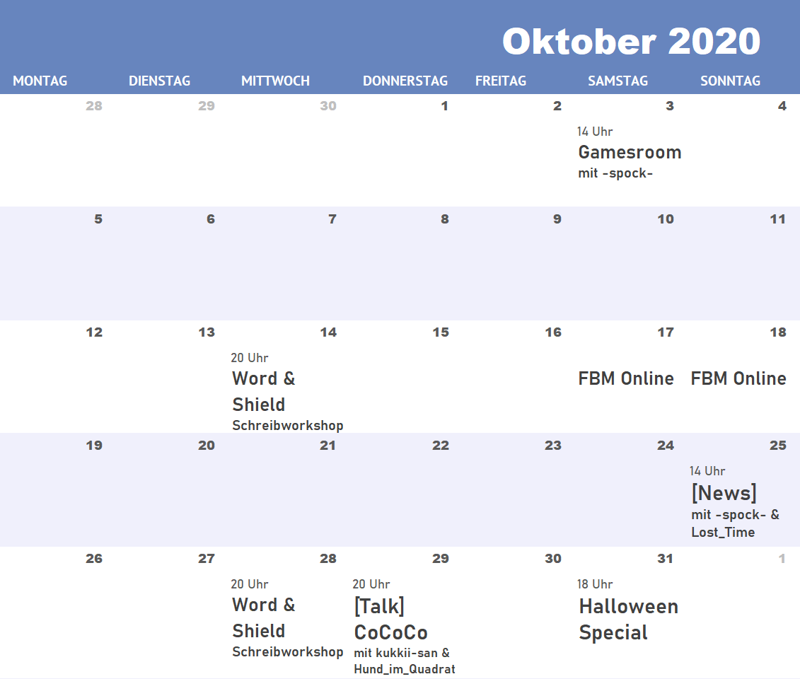 Streamingkalender Oktober 2020: 14.10. 20 Uhr Schreibworkshop, 15.-16.10. FBM Online, 25.10. 14 Uhr News, 28.10. 20 Uhr Schreibworkshop, 29.10. 20 Uhr CoCoCo, 31.10. 18 UhrHalloween Special